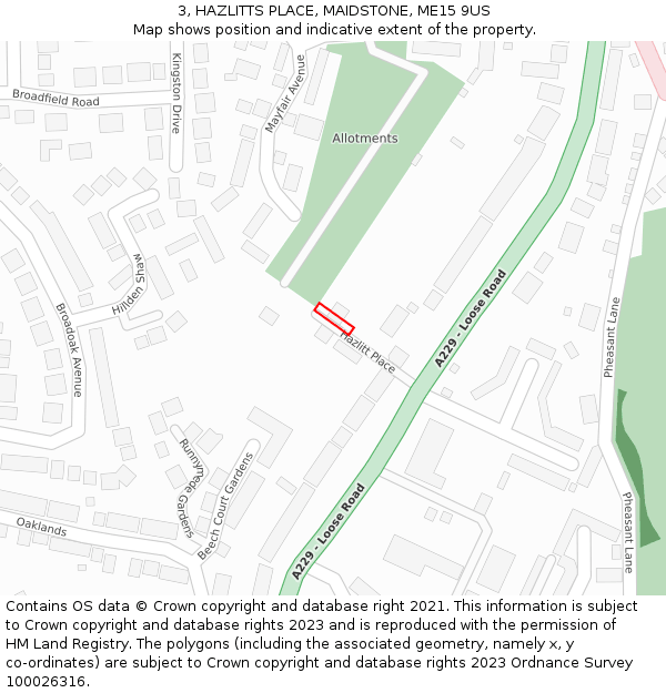 3, HAZLITTS PLACE, MAIDSTONE, ME15 9US: Location map and indicative extent of plot