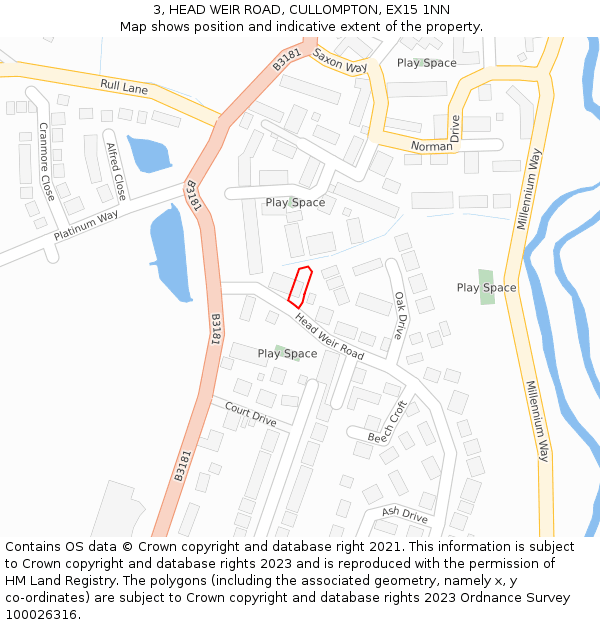 3, HEAD WEIR ROAD, CULLOMPTON, EX15 1NN: Location map and indicative extent of plot