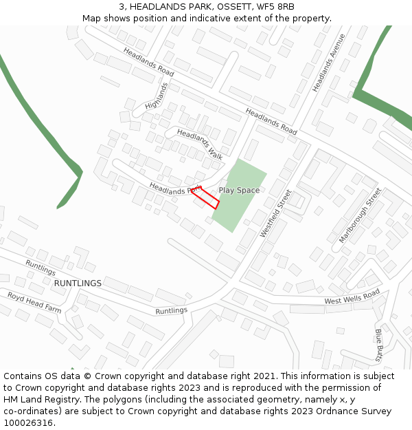 3, HEADLANDS PARK, OSSETT, WF5 8RB: Location map and indicative extent of plot