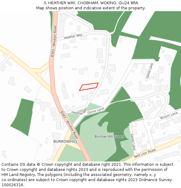 3, HEATHER WAY, CHOBHAM, WOKING, GU24 8RA: Location map and indicative extent of plot
