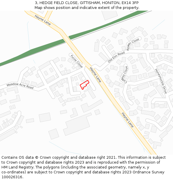 3, HEDGE FIELD CLOSE, GITTISHAM, HONITON, EX14 3FP: Location map and indicative extent of plot