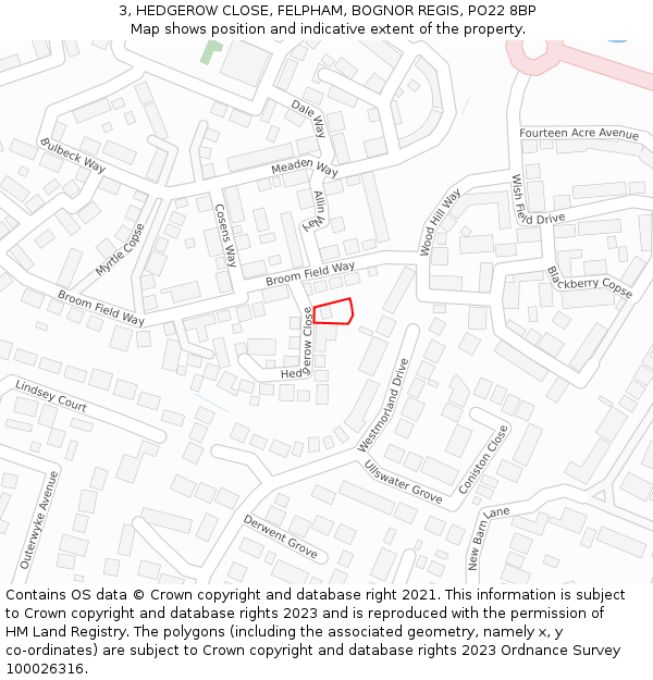 3, HEDGEROW CLOSE, FELPHAM, BOGNOR REGIS, PO22 8BP: Location map and indicative extent of plot