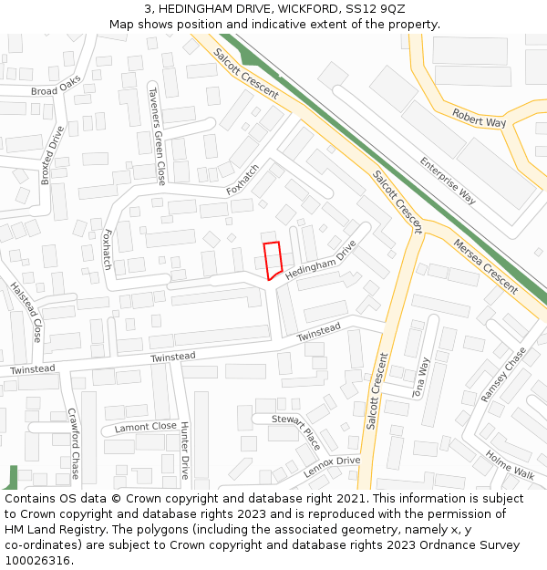 3, HEDINGHAM DRIVE, WICKFORD, SS12 9QZ: Location map and indicative extent of plot