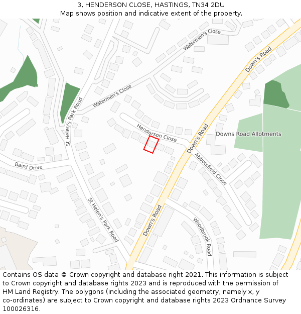 3, HENDERSON CLOSE, HASTINGS, TN34 2DU: Location map and indicative extent of plot