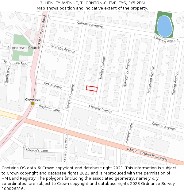 3, HENLEY AVENUE, THORNTON-CLEVELEYS, FY5 2BN: Location map and indicative extent of plot