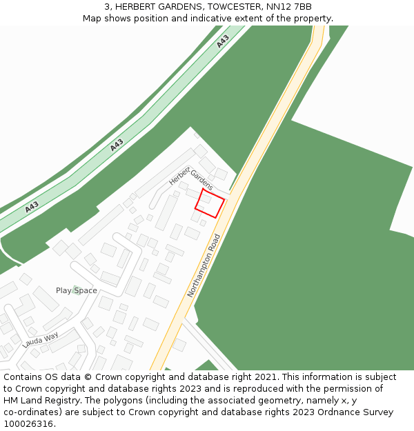 3, HERBERT GARDENS, TOWCESTER, NN12 7BB: Location map and indicative extent of plot