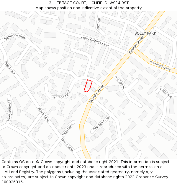 3, HERITAGE COURT, LICHFIELD, WS14 9ST: Location map and indicative extent of plot