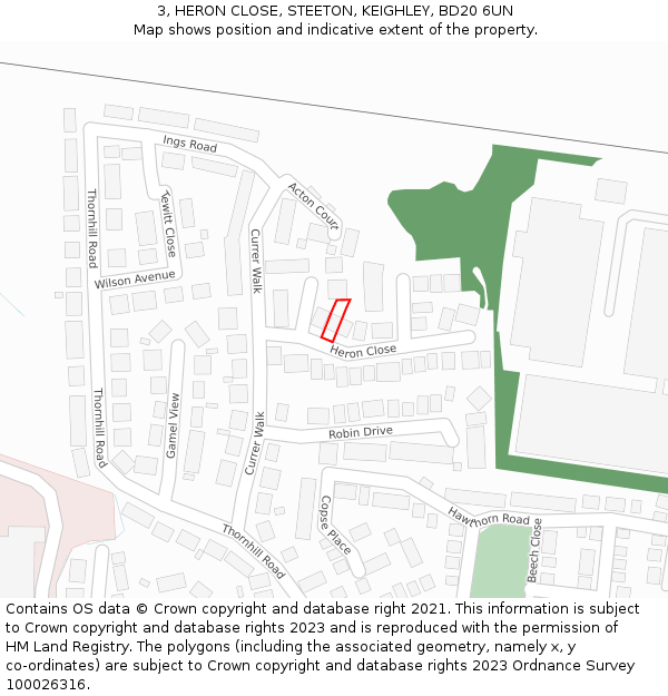 3, HERON CLOSE, STEETON, KEIGHLEY, BD20 6UN: Location map and indicative extent of plot