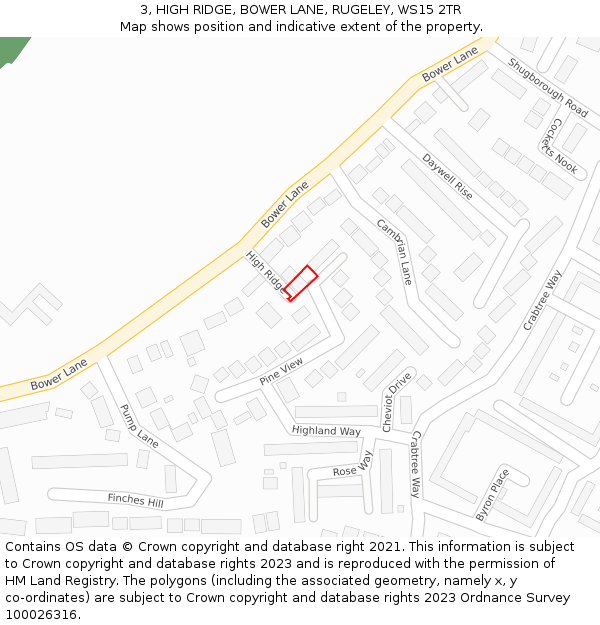 3, HIGH RIDGE, BOWER LANE, RUGELEY, WS15 2TR: Location map and indicative extent of plot