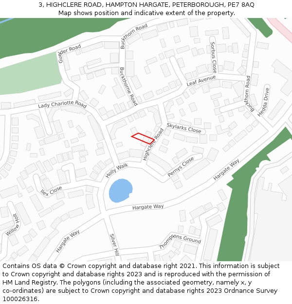 3, HIGHCLERE ROAD, HAMPTON HARGATE, PETERBOROUGH, PE7 8AQ: Location map and indicative extent of plot