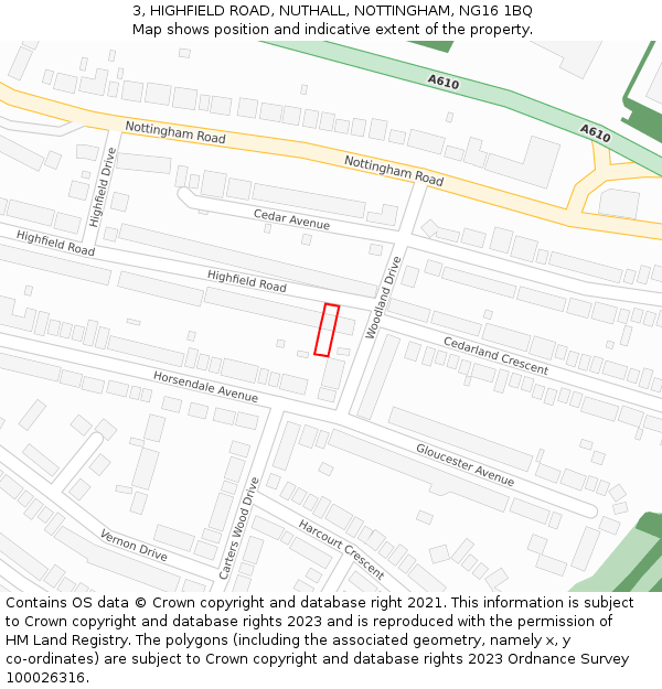 3, HIGHFIELD ROAD, NUTHALL, NOTTINGHAM, NG16 1BQ: Location map and indicative extent of plot