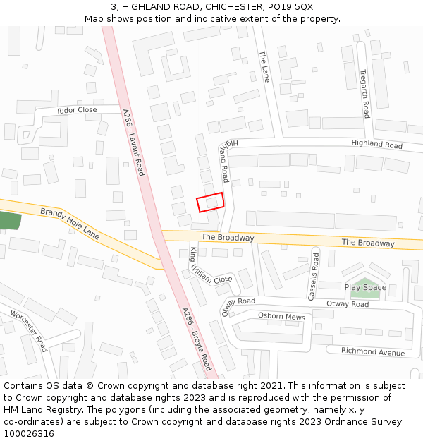 3, HIGHLAND ROAD, CHICHESTER, PO19 5QX: Location map and indicative extent of plot
