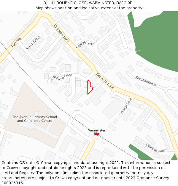 3, HILLBOURNE CLOSE, WARMINSTER, BA12 0BL: Location map and indicative extent of plot