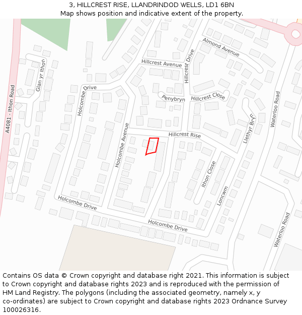 3, HILLCREST RISE, LLANDRINDOD WELLS, LD1 6BN: Location map and indicative extent of plot