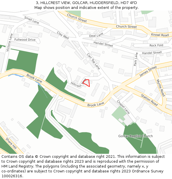 3, HILLCREST VIEW, GOLCAR, HUDDERSFIELD, HD7 4FD: Location map and indicative extent of plot
