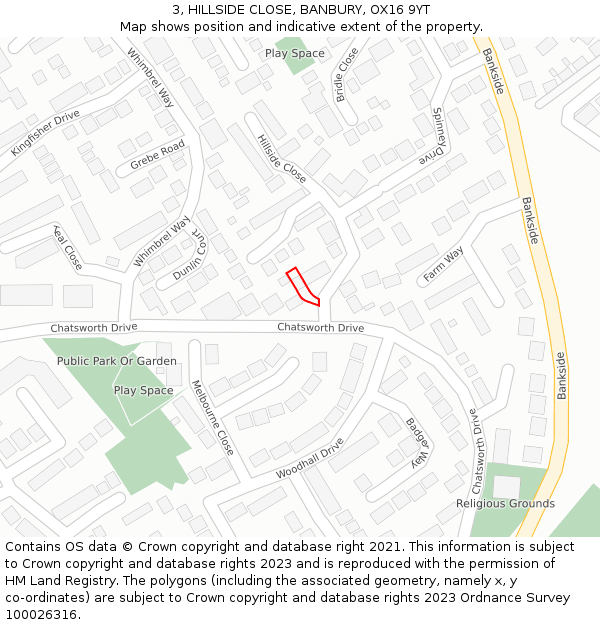 3, HILLSIDE CLOSE, BANBURY, OX16 9YT: Location map and indicative extent of plot