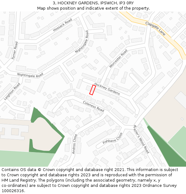 3, HOCKNEY GARDENS, IPSWICH, IP3 0RY: Location map and indicative extent of plot