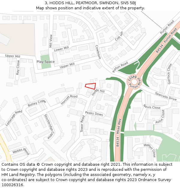 3, HODDS HILL, PEATMOOR, SWINDON, SN5 5BJ: Location map and indicative extent of plot