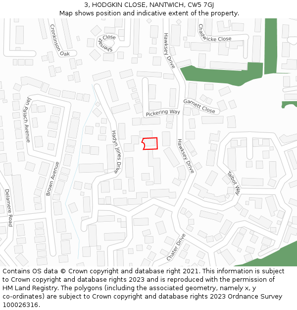 3, HODGKIN CLOSE, NANTWICH, CW5 7GJ: Location map and indicative extent of plot
