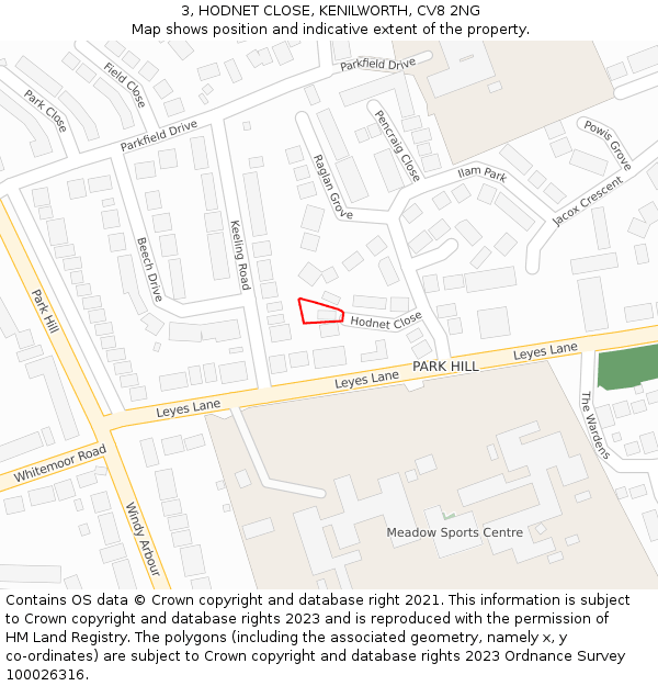 3, HODNET CLOSE, KENILWORTH, CV8 2NG: Location map and indicative extent of plot