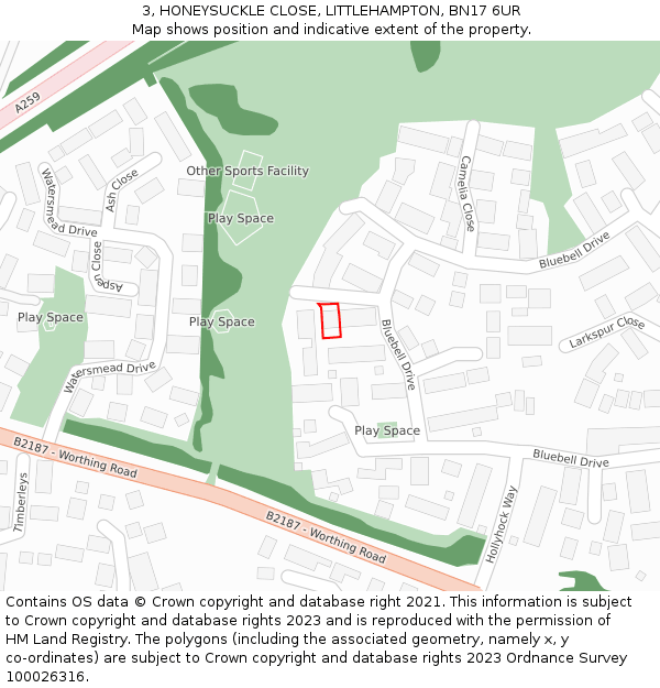 3, HONEYSUCKLE CLOSE, LITTLEHAMPTON, BN17 6UR: Location map and indicative extent of plot