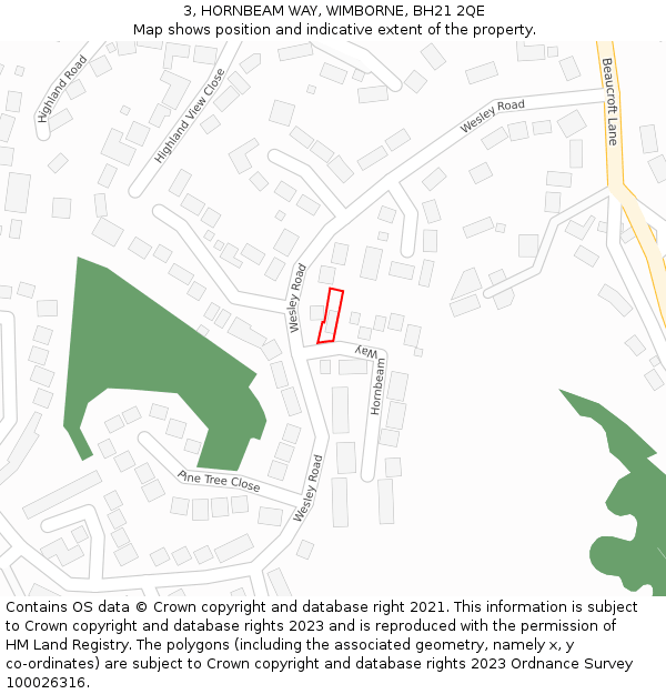 3, HORNBEAM WAY, WIMBORNE, BH21 2QE: Location map and indicative extent of plot