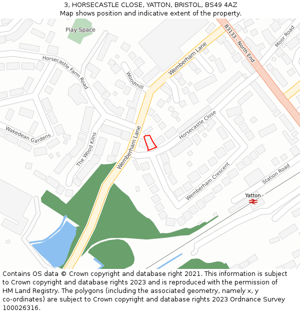 3, HORSECASTLE CLOSE, YATTON, BRISTOL, BS49 4AZ: Location map and indicative extent of plot