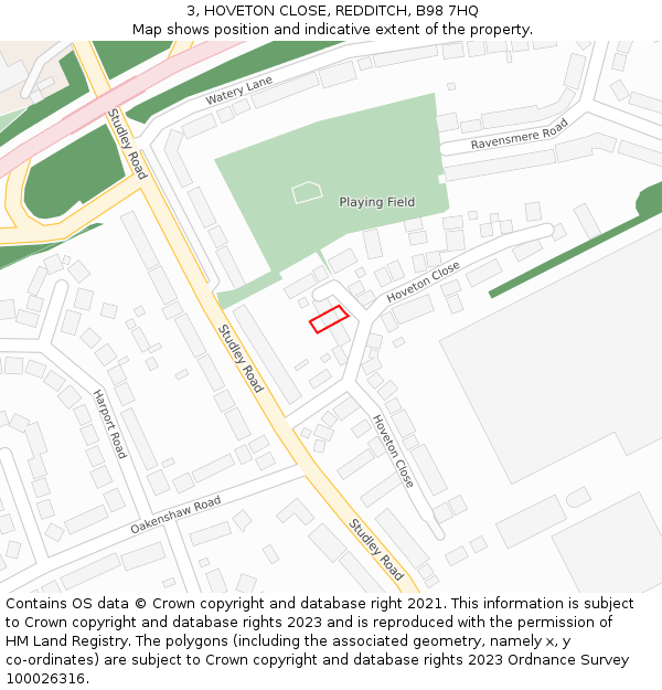 3, HOVETON CLOSE, REDDITCH, B98 7HQ: Location map and indicative extent of plot
