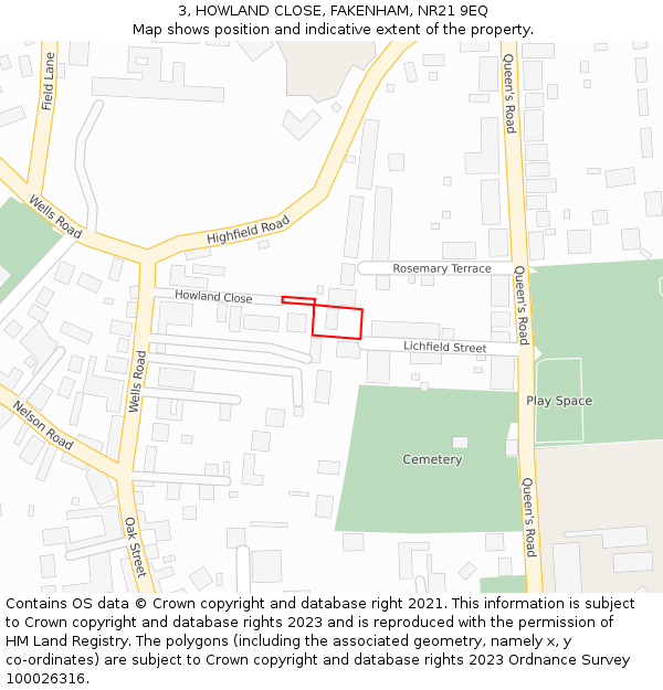 3, HOWLAND CLOSE, FAKENHAM, NR21 9EQ: Location map and indicative extent of plot