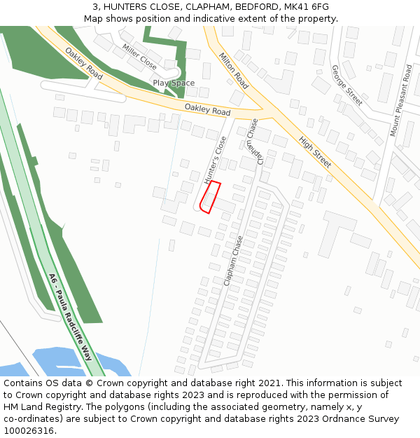 3, HUNTERS CLOSE, CLAPHAM, BEDFORD, MK41 6FG: Location map and indicative extent of plot