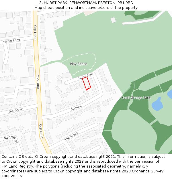 3, HURST PARK, PENWORTHAM, PRESTON, PR1 9BD: Location map and indicative extent of plot
