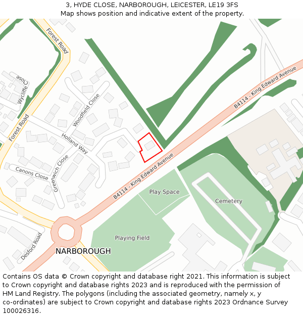 3, HYDE CLOSE, NARBOROUGH, LEICESTER, LE19 3FS: Location map and indicative extent of plot
