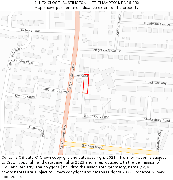 3, ILEX CLOSE, RUSTINGTON, LITTLEHAMPTON, BN16 2RX: Location map and indicative extent of plot