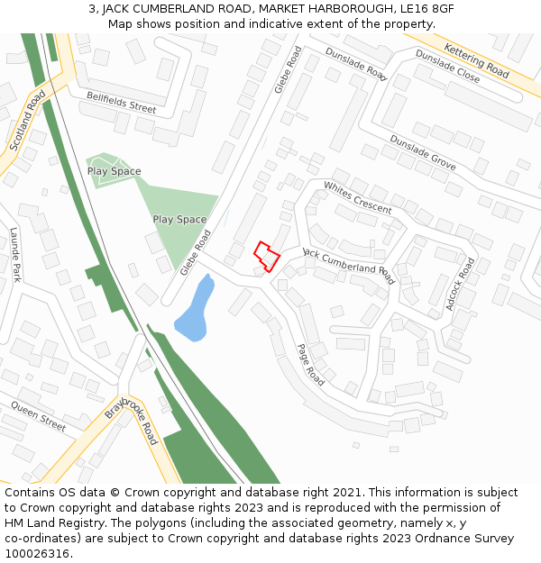 3, JACK CUMBERLAND ROAD, MARKET HARBOROUGH, LE16 8GF: Location map and indicative extent of plot