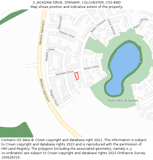 3, JACKDAW DRIVE, STANWAY, COLCHESTER, CO3 8WD: Location map and indicative extent of plot