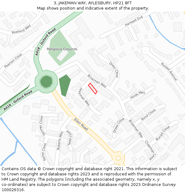 3, JAKEMAN WAY, AYLESBURY, HP21 8FT: Location map and indicative extent of plot