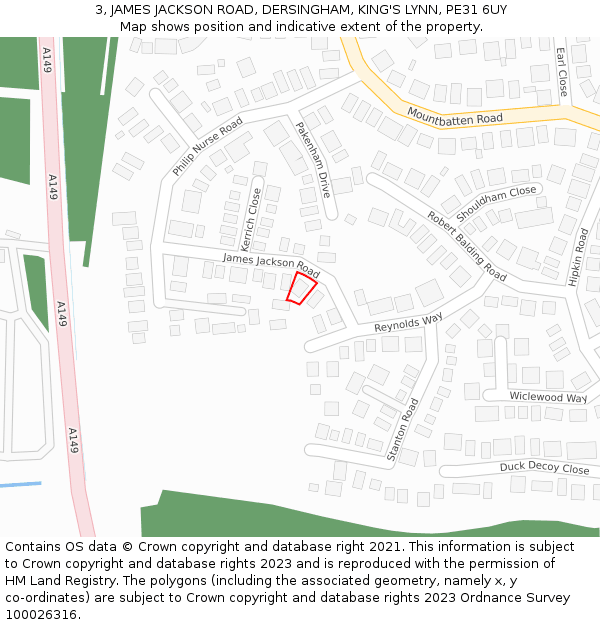 3, JAMES JACKSON ROAD, DERSINGHAM, KING'S LYNN, PE31 6UY: Location map and indicative extent of plot