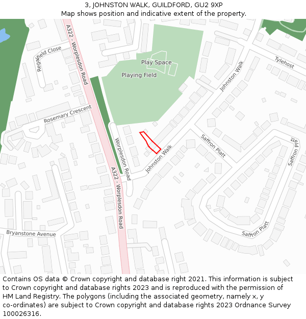 3, JOHNSTON WALK, GUILDFORD, GU2 9XP: Location map and indicative extent of plot