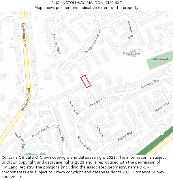 3, JOHNSTON WAY, MALDON, CM9 6XZ: Location map and indicative extent of plot