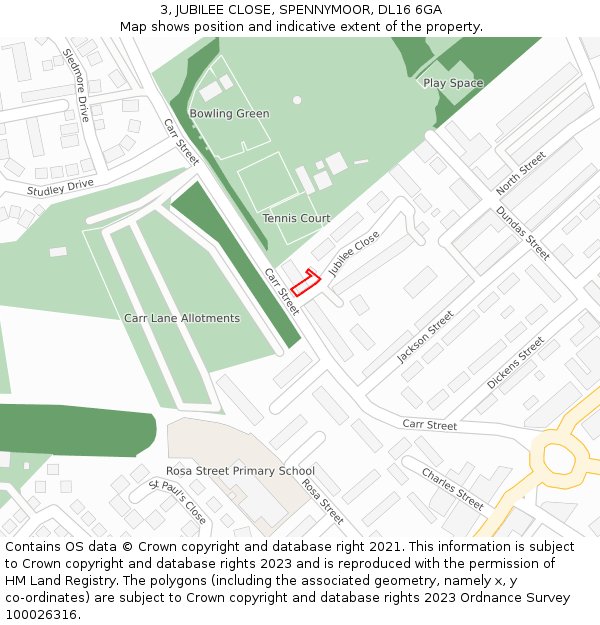 3, JUBILEE CLOSE, SPENNYMOOR, DL16 6GA: Location map and indicative extent of plot