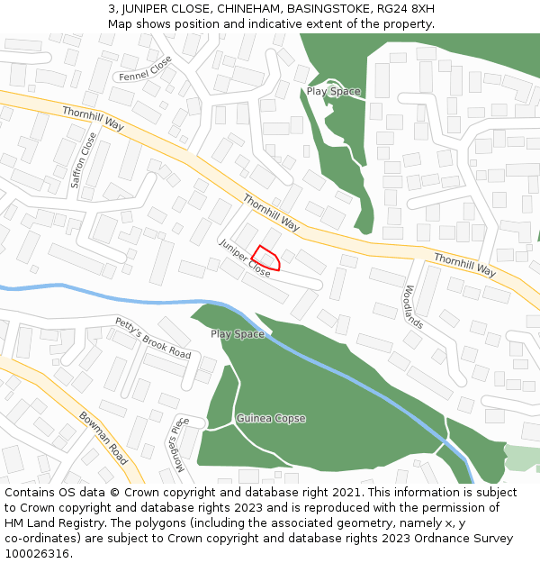 3, JUNIPER CLOSE, CHINEHAM, BASINGSTOKE, RG24 8XH: Location map and indicative extent of plot