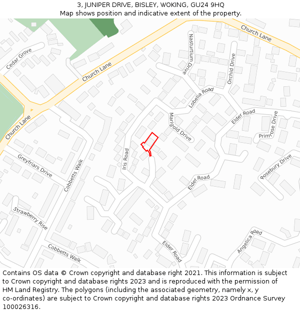 3, JUNIPER DRIVE, BISLEY, WOKING, GU24 9HQ: Location map and indicative extent of plot