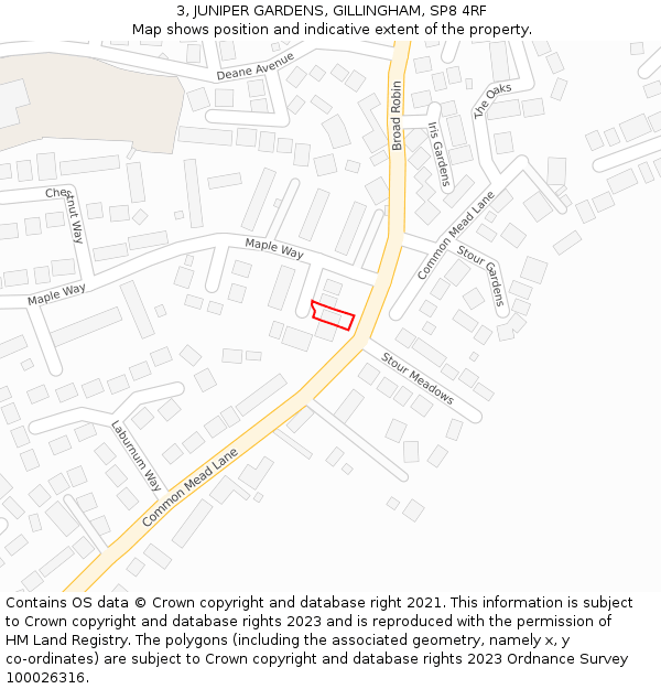 3, JUNIPER GARDENS, GILLINGHAM, SP8 4RF: Location map and indicative extent of plot
