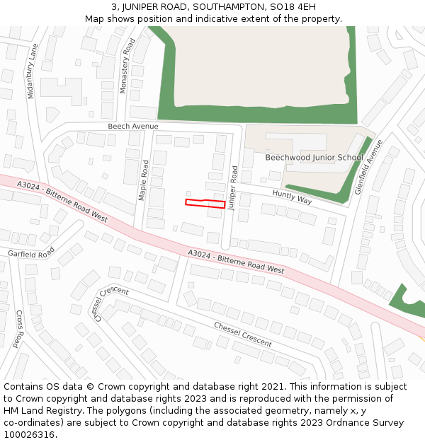 3, JUNIPER ROAD, SOUTHAMPTON, SO18 4EH: Location map and indicative extent of plot