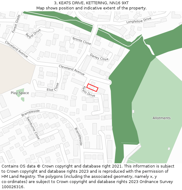 3, KEATS DRIVE, KETTERING, NN16 9XT: Location map and indicative extent of plot