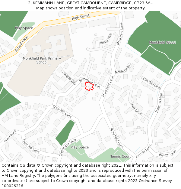 3, KEMMANN LANE, GREAT CAMBOURNE, CAMBRIDGE, CB23 5AU: Location map and indicative extent of plot