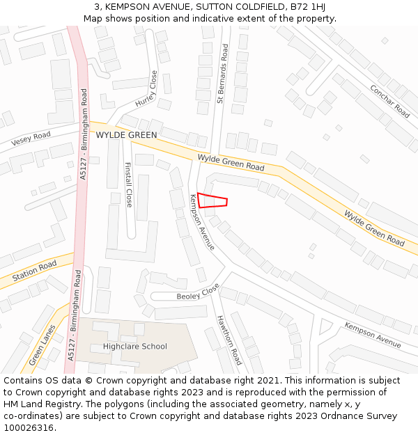 3, KEMPSON AVENUE, SUTTON COLDFIELD, B72 1HJ: Location map and indicative extent of plot