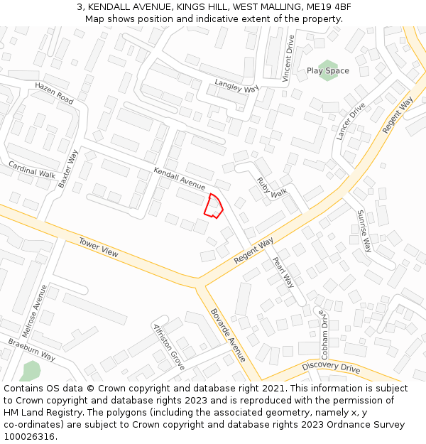 3, KENDALL AVENUE, KINGS HILL, WEST MALLING, ME19 4BF: Location map and indicative extent of plot
