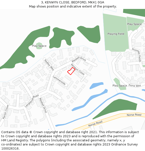 3, KENWYN CLOSE, BEDFORD, MK41 0GA: Location map and indicative extent of plot
