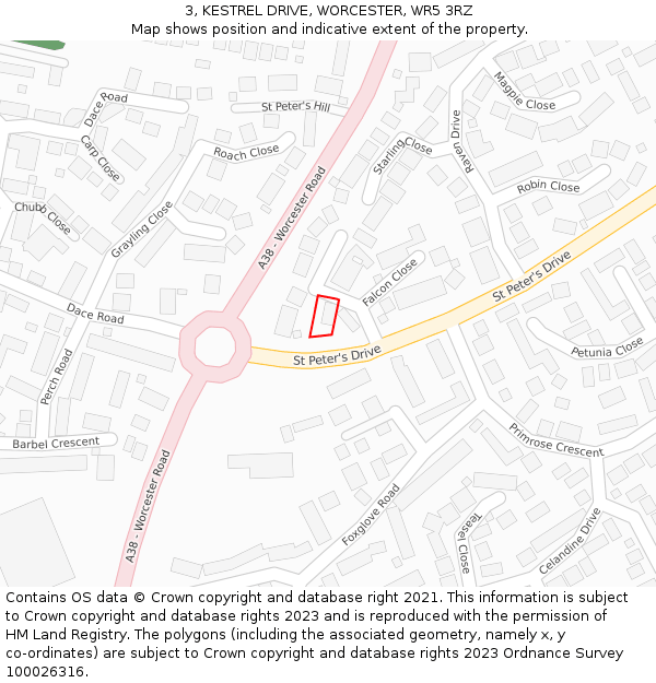 3, KESTREL DRIVE, WORCESTER, WR5 3RZ: Location map and indicative extent of plot